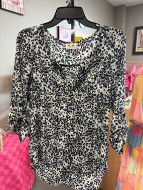 h.i.p. Black and White Printed Roll-Tab Blouse